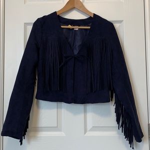 Navy blue suede fringe crop jacket